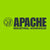 Apache Industrial Workwear logo in dark gray text with a circular icon on a lime green background.