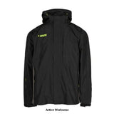 Apache Waterproof Work Jacket - Welland jacket is a two-tone Black/Grey 3000mm waterproof jacket. This stylish jacket  has a draw cord fitted hood and draw cord hem to ensure the jacket fits everyone securely. Zipped pocket to left chest and tow zipped pockets to front. Apache branded to right chest, arm and back. 