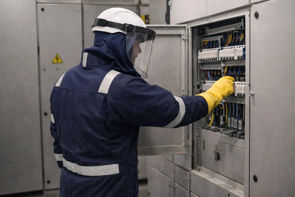 Electrician wearing arc flash hood and flame resistant coverall inspecting electrical panel