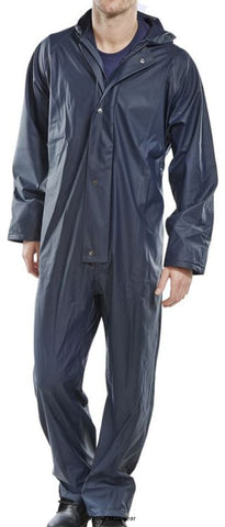 Blue Super B-Dri Breathable Coverall En343 Class 3 Waterproof Beeswift Sbdc Waterproofs Active-Workwear EN343 Class 3 Water Penetration , Polyester with PU coating , Hood with draw cord , Zip front with stud flap , Elasticated wind cuffs , Studded ankles , Stitched and welded seams 