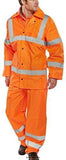 Orange Beeswift Lightweight Hi Vis Waterproof Suit (Jacket & Trousers) Beeswift- Ts8 Hi Vis Jacket Active-Workwear JACKET. EN471 Class 3 2. EN343 Class 3 1. PVC coated 150D polyester. Concealed hood. Two-way heavy duty zip front with studded storm flap. 2 Lower pockets with flaps. Knitted storm cuffs. Fully taped seams. Retro Reflective Tape. TROUSERS. EN471 Class 1 2. EN343 Class 3 1