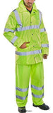 Yellow Beeswift Lightweight Hi Vis Waterproof Suit (Jacket & Trousers) Beeswift- Ts8 Hi Vis Jacket Active-Workwear JACKET. EN471 Class 3 2. EN343 Class 3 1. PVC coated 150D polyester. Concealed hood. Two-way heavy duty zip front with studded storm flap. 2 Lower pockets with flaps. Knitted storm cuffs. Fully taped seams. Retro Reflective Tape. TROUSERS. EN471 Class 1 2. EN343 Class 3 1