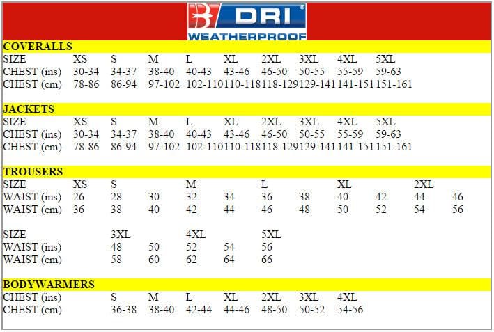 B-Dri Weatherproof Size Chart