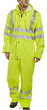 Yellow Beeswift Hi Vis Waterproof & Breathable Hooded Coverall One Piece Suit Cl 3 En471 - Puc Boilersuits & Onepieces Active-Workwear Waterproof Hi Viz Coverall by Beeswift, Breathable fabric Polyester with PU coating. Hood with drawcord. Zip front with stud flap. Elasticated storm cuffs. Studded ankles Stitched and welded seams.