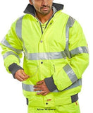 Yellow Beeswift Hi Vis Waterproof Super Bomber Jacket Vi Viz Class 3 En471 - Bd75 Hi Vis Jackets Active-Workwear 300 Denier Heavyweight polyester with PU coating. Two-way heavy duty zip front with storm flap. Fleece lined collar. 2 lower bellows pockets with flaps. Security and phone pockets. Rear hem access for ease of logo applications. Knitted storm cuffs. Concealed Hood .Retro-Reflective tape. Conforms to EN ISO 20471 Class 3 Conforms to EN343 Class 3 Resistance to Water Pene