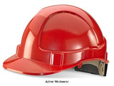REd Beeswift B Brand Ratchet Wheel Vented Safety Helmet Hard Hat  - Bbvshrh Head Protection Beeswift Active-Workwear Modern Stylish Design, ABS Shell, Vents to crown, lightweight, Wheel ratchet adjustment harness , Slots for attachments, Complete with terry toweling sweatband, Conforms to EN397