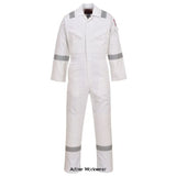 white Bizflame Flame Retardant Anti static Hi Viz Boiler Suit/Coverall FRAS- FR50 Boilersuits & Onepieces Active-Workwear This Portwest Biz Flame FR50 coverall is perfect for the demands of the offshore industry. Constructed with a highly innovative flame-retardant fabric with high visibility reflective tape double stitched for enhanced visibility. Meeting all the required EN standards, features include triple stitched seams, high visibility strips on shoulders, arms and legs, 