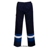 Navy Bizflame Flame Retardent Plus Trousers with High Vis - FR56-Fire Retardant Active-Workwear This Portwest Bizflame trouser is constructed with high visibility reflective tape double stitched for enhanced visibility. Features include triple stitched seams, high visibility strips on legs, knee pad pockets, ruler pocket, front fly brass zip and adjustable bottom leg opening. Features CE-CAT III Guaranteed flame resistance for life of garment 