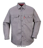 Grey Bizflame inherent Arc and anti static Flame Retardant Shirt Portwest FR89 Fire Retardant Active-Workwear This stylish Inherent flame retardant shirt is lightweight and comfortable. Maximum protection is guaranteed with permanent flame resistance and ARC2 protection against electric arc. The shirt tail will stay tucked in during movement and all day wear. Handy features include adjustable button cuffs and flapped chest pockets.