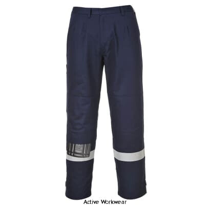 Bizflame Plus Inherent Flame Retardant Anti Static ARC Work Trousers Portwest FR26 Fire Retardant Active-Workwear This Biz flame FRAS trouser is constructed with high visibility reflective tape double stitched for enhanced durability. Features include triple stitched seams, high visibility strips on legs, knee pad pockets, ruler pocket, front fly brass zip and adjustable bottom leg opening. CE-CAT III Guaranteed flame resistance for life of garment Protection against radiant, 