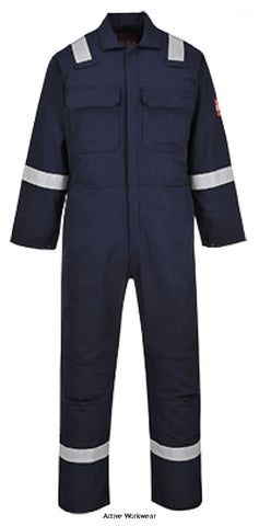 Navy BizWeld Flame Retardant hi viz Iona Welding Coverall Portwest BIZ5 Boilersuits & Onepieces Active-Workwear The Bizweld Biz5 Iona FR Coverall offers visible protection to the wearer. Clever design features include flame resistant reflective tape on the shoulders, sleeves and legs, the option to insert knee pads when needed, ample storage space and a rule pocket. A very popular style. CE-CAT III Guaranteed flame resistance for life of garment Protection against radiant, convective and contact heat 
