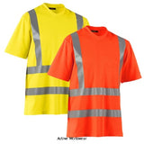 Blaklader Hi Vis Breathable Safety T Shirt. Class 2/3 - 3380 Hi Vis Tops Active-Workwear Short sleeve high visibility t-shirt with V-neck and stretchable reflectors in a new and comfortable material. The fabric has a cotton inside and a synthetic outside which provide a high comfort and eases to wash away odours. The t-shirt protects against UV-radiance 40+UPF. The t-shirt is certified according to high visibility and UV-protection.