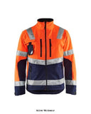 Orange Navy Blaklader Workwear High vis 3 Layer softshell jacket-4900 Hi Vis Jackets Blaklader Active-Workwear modern, wind and waterproof Blaklader softshell jacket in High Vis colours and with a breathable fabric. The jacket has a high broad collar, which is really comfortable thanks to the soft fleece fabric. A jacket to be reckoned with, whether you work in construction, transport or industry