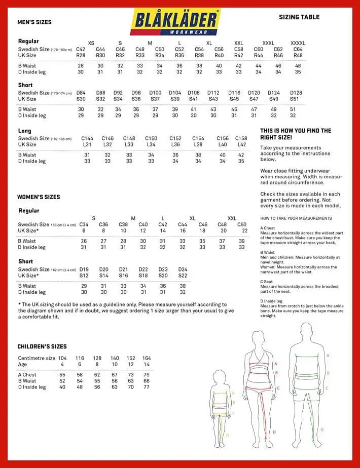 Blaklader Size Chart