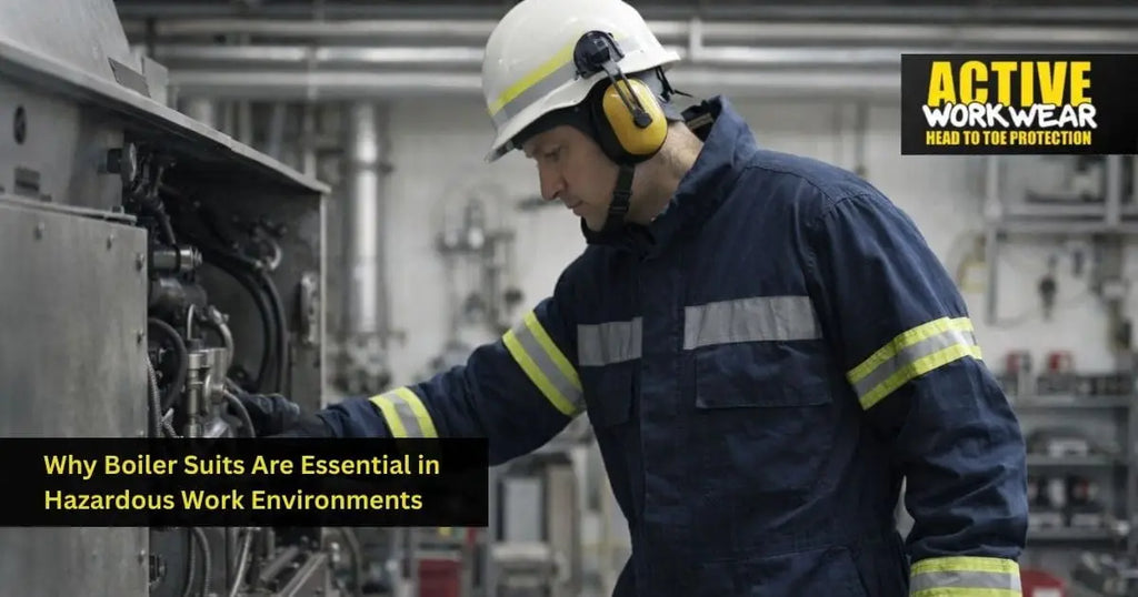 Worker wearing navy boiler suit and PPE in hazardous industrial workshop