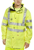 Yellow Hi Vis Hi Vis Class 3 Carnoustie Waterproof & Breathable Jacket  RIS 3279 -Beeswift Car Hi Vis Jackets Active-Workwear Interactive Breathable Jacket with detachable hood EN ISO 20471 Class 3 High Visibility RIS-3279-TOM - Railway use certified. EN 343 - Class 3 Water Penetration Resistance EN 343 - Class 3 Water Vapour Resistance 100% polyester with PU coating. Concealed hood. Mesh lining. Two-way heavy duty zip front