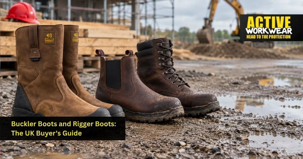 Brown buckler and rigger boots on a muddy UK construction site