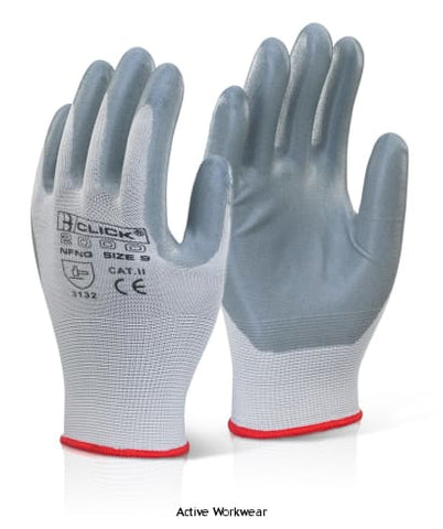 Click by Beeswift Nylon Nitrile Coated Work Gloves (Pack Of 100) - Nfng Hand Protection Active-Workwear Nylon seamless shell with nitrile coated palm and fingers. Ventilated back. Lightweight for maximum dexterity and comfort with sensitivity. Suitable for general assembly handling and light engineering. Ideal for dry or slightly oily applications.