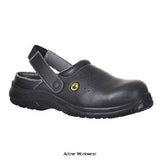 Black Composite lite ESD Microfibre Perforated Safety Clog SB- FC03 Shoes Active-Workwear  Lightweight safety clog with a perforated upper for added breathability. 100% non metallic with plastic stud fastener. Suitable for use in ESD environments. Complies with EN 61340-5-1. Composite toecap for added protection Anti-static footwear Energy Absorbing Seat Region SRC