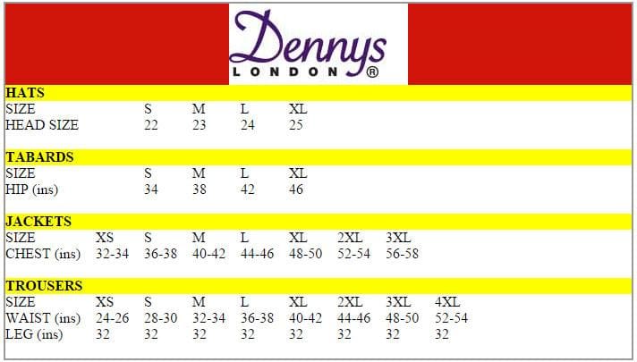 Dennys Size Chart