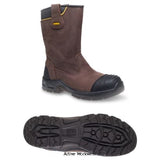 Dewalt S3 Waterproof Composite Lightweight Safety Rigger Boot-Millington Boots Dewalt Active-Workwear Brown Nubuck leather upper. Padded collar for added comfort. Composite toe cap and composite midsole protection. 100% non-metallic. Waterproof and breathable inner lining to eliminate water ingress. Dual density PU/Rubber outsole giving heat resistance to 300 degrees centigrade. Anti-Scuff toe guard. PU comfort insole. A lightweight, waterproof, non-metallic rigger boot from DeWalt.Non-Metallic,