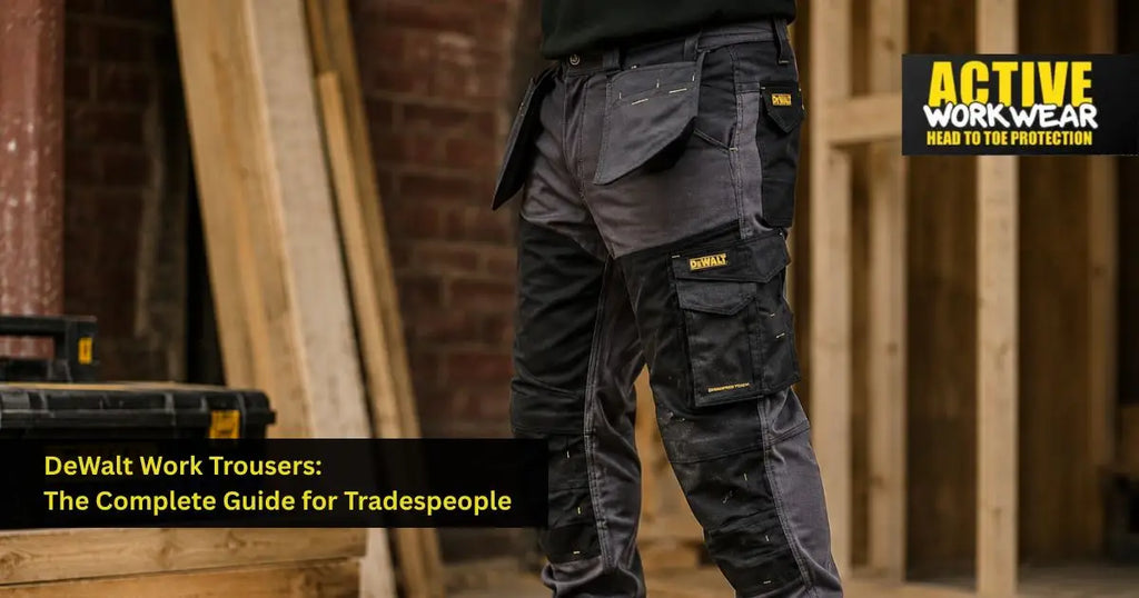 Tradesperson wearing DeWalt work trousers on a construction site