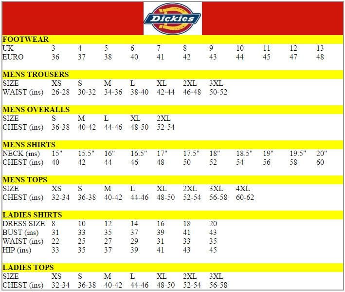 Dickies Size Chart