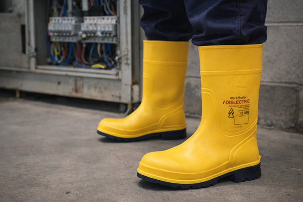 Electrician wearing dielectric safety boots near electrical panel