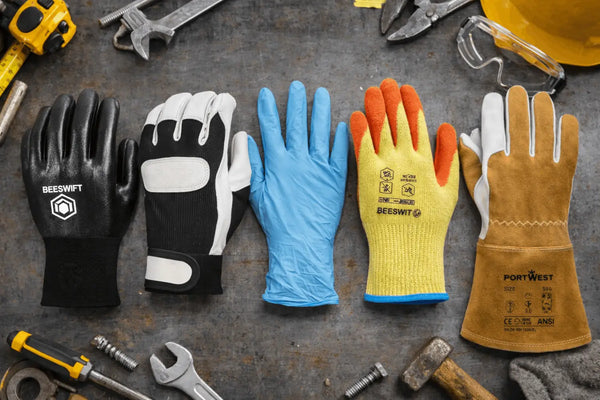 flat lay showing leather nitrile cut resistant and rubber work gloves on industrial workbench
