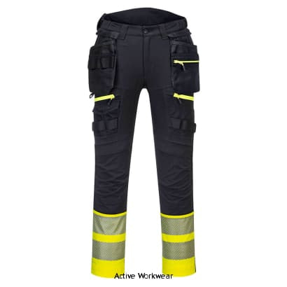 DX4 Hi Vis Class 1 Stretch Holster Pocket Trouser-Portwest DX445 Hi Vis Trousers PortWest Active Workwear The Portwest DX445 Hi-Vis Class 1 Holster Trouser uses the targeted placement of dynamic 4X stretch fabrics to give maximum range of movement when working. The trouser features a high-rise back waistband with side elastication, ensuring protection in all working positions. Pre-bent top loading adjustable knee pad pockets, generously sized front pockets and multi-functional zip thigh pockets 