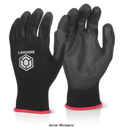 Economy Pu Coated Safety Work Glove Black (Pack Of 100) - Ec9 Beeswift Hand Protection Active-Workwear  Polyester glove Polyurethane coated palm Machine knitted Integrated elasticated wrist EN 388:2016 - Protective gloves against mechanical risks