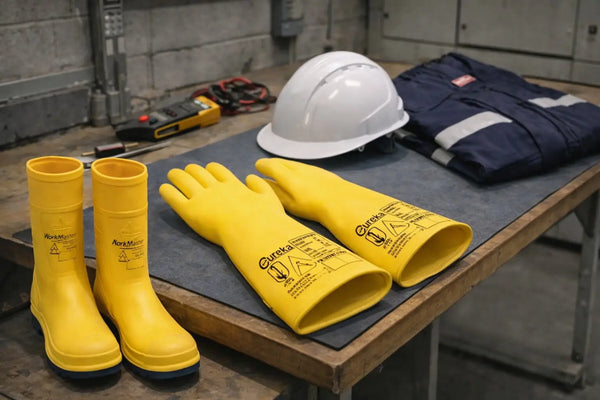 Essential electrical PPE including insulated gloves, dielectric boots and hard hat prepared before electrical work