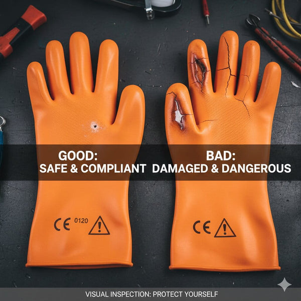 A side-by-side comparison of electrical insulated gloves: one pair is safe and compliant with clear safety markings, the other shows dangerous cracks, burns, and pinholes to illustrate visual inspection failures.