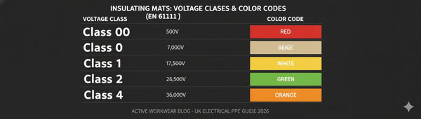 Table showing electrical PPE voltage classes from Class 00 to Class 4 with corresponding UK color codes and maximum voltage limits.