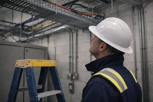 Electrician wearing safety hard hat inspecting overhead electrical cables