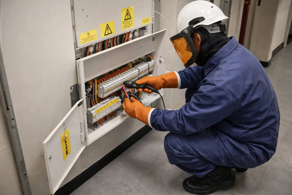 electrician wearing full electrical PPE inspecting live distribution board