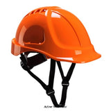 Orange Endurance Vented Safety Helmet Wheel Ratchet and 4 point chinstrap Portwest PS55 Head Protection Active-Workwear Endurance vented ABS shell helmet without retractable visor. Sold with 4 points chin strap included. Features CE certified Vented hard hat allowing a refreshing airflow around the head Lateral deformation 6 points textile harness Wheel ratchet size adjustment for easy fitting 7 years shelf life