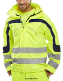 Eton Hi Vis Jacket Waterproof & Breathable Class 3 Hi Visibility Yellow -Beeswift B Seen Et45 Hi Vis Jackets Active-Workwear Breathable PU coated fabric. Waterproof jacket fully taped seams. Zip front closure to neck. Hook and loop fastening storm flap. Adjustable cuffs. 6cm retro reflective tape. Retro reflective piping. 2 zip fastening front pockets. Concealed hood. Hip draw cord. EN ISO 20471 class 3 high visibility EN 343 Class 3 resistance to water penetration Class 3 air permeability