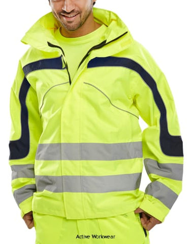 Eton Hi Vis Jacket Waterproof & Breathable Class 3 Hi Visibility Yellow -Beeswift B Seen Et45 Hi Vis Jackets Active-Workwear Breathable PU coated fabric. Waterproof jacket fully taped seams. Zip front closure to neck. Hook and loop fastening storm flap. Adjustable cuffs. 6cm retro reflective tape. Retro reflective piping. 2 zip fastening front pockets. Concealed hood. Hip draw cord. EN ISO 20471 class 3 high visibility EN 343 Class 3 resistance to water penetration Class 3 air permeability