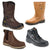 Four different styles of work boots in brown, tan and black colors.