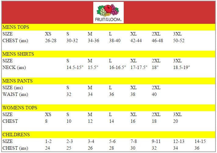 Fruit Of The Loom Size Chart