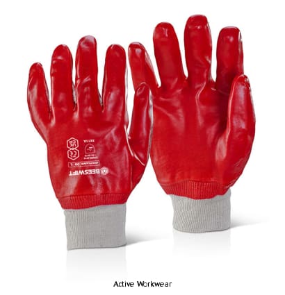 Fully Coated PVC Knit Wrist Safety Work Rubber Glove Red (Pack Of 100 pairs) PVCFCKWNR Workwear Gloves Active-Workwear Fully coated red pvc rubber glove. Stockinette liner. Elasticated cuff.  EN388: 2003 Level 3 Abrasion Level 1 Cut Resistance Level 1 Tear Resistance rubber glove