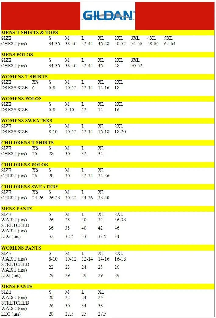 Gildan Size Chart