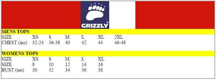 Grizzly Size Chart