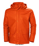 Orange Helly Hansen Waterproof Gale Rain Work Jacket-70282 Workwear Jackets & Fleeces Helly Hansen Active-Workwear Gale Jacket sets the new standard in rain gear built for workers! Phthalate free fabrics ensures low environmental impact while at the same time keeping you dry no matter the weather. EN 343:2019 4,1,Packable hood in collar, Adjustable hood with elastic draw cord, Double main fabric front flap, napoleon pocket with YKK