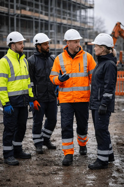 Tradespeople wearing professional workwear and PPE on a UK construction site