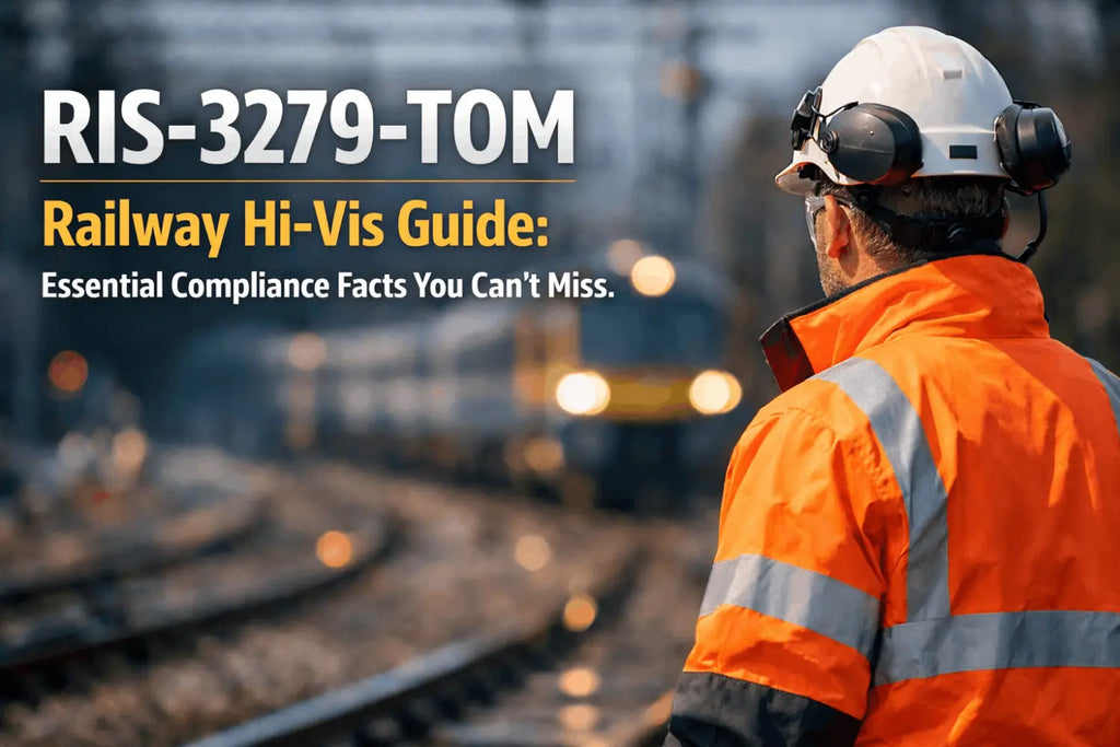 Railway worker wearing fluorescent orange rail-spec hi-vis clothing standing beside tracks in low-visibility conditions with an approaching train in the distance