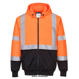 Orange Hi-Vis 2-Tone Full Zipped Hoody Hooded Sweatshirt Portwest B315 Hi Vis Tops Active-Workwear This Portwest B315 Hi Viz 2 tone hoody uses a full zip to offer extra ease and versatility, while incorporating a two tone design for protection against dirt. Other features include 2 large pockets at the front, an adjustable hood for varied weather conditions, elasticated rib waistband and cuffs, and reflective heat seal tape for enhanced visibility.