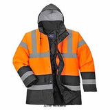 Orange Black Hi Vis 2 Tone Waterproof Jacket RIS 3279 Portwest S467 Hi Vis Jackets Active-Workwear This Portwest two-tone traffic jacket has many tried and tested features and is offered in a variety of different contrasting colourways. With fully taped waterproof seams, this jacket is a true market leader. Features CE certified Waterproof with taped seams preventing water penetration Reflective tape for increased visibility Fully lined and padded