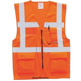 Orange Hi Vis Berlin Zipped Executive Vest RIS 3279 Portwest Up to 7XL- S476 Hi Vis Tops Active-Workwear Revolutionary in its design, the Berlin High Visibility executive vest combines the light weight of a waistcoat with the practicality of pockets for those situations when a jacket may be too warm. A clear ID pocket for security passes and cards complements this unique garment .Reflective tape for increased visibility front zip opening for easy access 